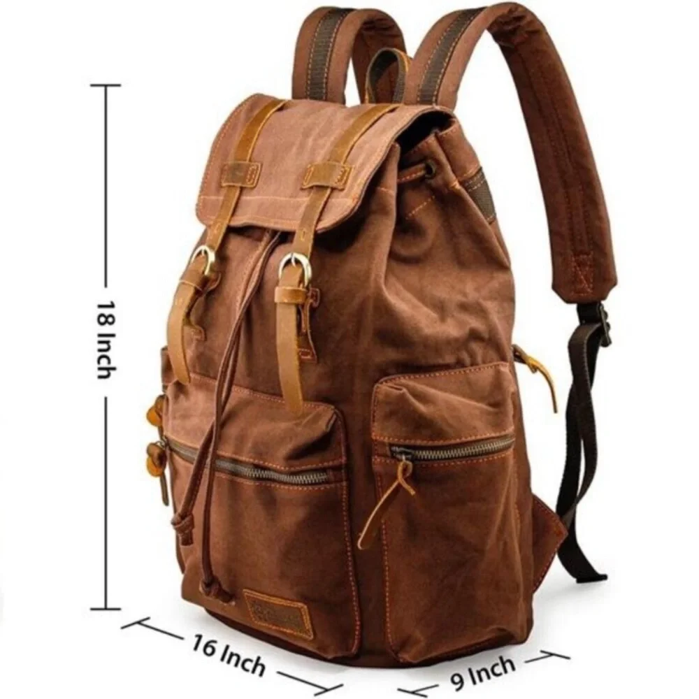 21L Vintage Canvas Backpack Leather Rucksack Knapsack 15inch Laptop Tote Satchel